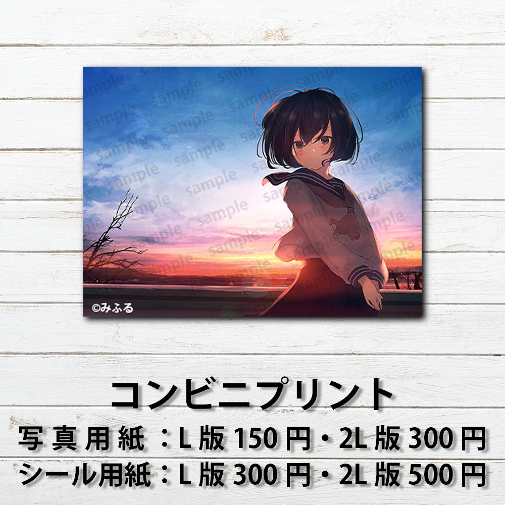 ネップリ　イラスト　エモい　可愛い女の子　かわいい　シール　ステッカー　ノスタルジック　おしゃれ　個性的　風景　景色　綺麗　美しい　ノスタルジック　JK　女子高校生　セーラー服　黒髪　ボブヘア　ショートカット　ネットプリント　コンビニプリント　おすすめ　人気　イラストレーター　絵師　クリエイター　グッズ　ローソン　ファミマ　タイトル：またね　作：みふる