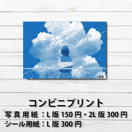 ネップリ　イラスト　エモい　可愛い女の子　かわいい　シール　ステッカー　ノスタルジック　おしゃれ　個性的　風景　景色　綺麗　美しい　JK　女子高校生　セーラー服　ボブヘア　ネットプリント　コンビニプリント　おすすめ　人気　イラストレーター　絵師　クリエイター　グッズ　ローソン　ファミマ　タイトル：夏の亡霊　作：栞音