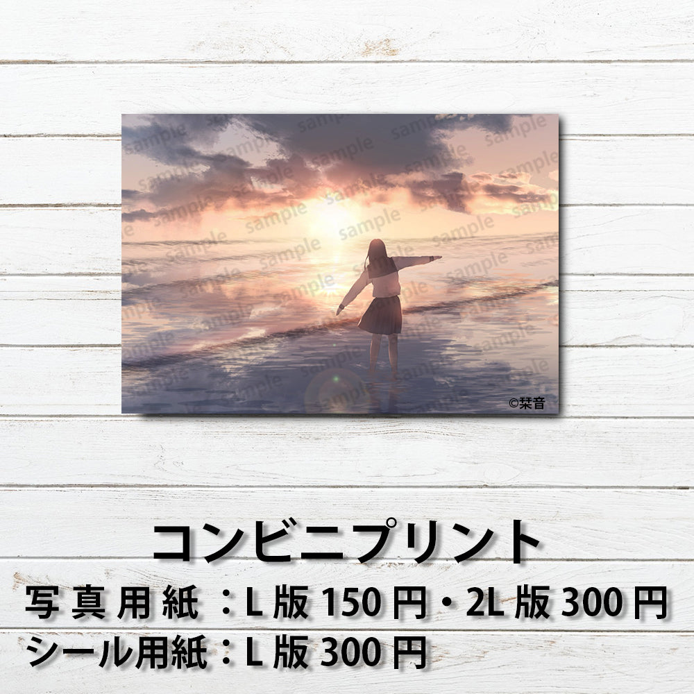 ネップリ　イラスト　エモい　可愛い女の子　シール　ステッカー　おしゃれ　コンビニプリント　ネットプリント　個性的　おすすめ　人気　イラストレーター　絵師　クリエイター　オリジナル　グッズ　ローソン　ファミマ　タイトル：夕凪　作：栞音