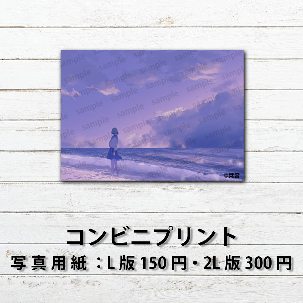 ネップリ　イラスト　エモい　可愛い女の子　かわいい　ノスタルジック　おしゃれ　個性的　風景　景色　綺麗　美しい　JK　女子高校生　セーラー服　プリッツスカート　生足　ボブヘア　ショートヘア　ネットプリント　コンビニプリント　おすすめ　人気　イラストレーター　絵師　クリエイター　グッズ　ローソン　ファミマ　タイトル：今だけは全て忘れて　作：栞音