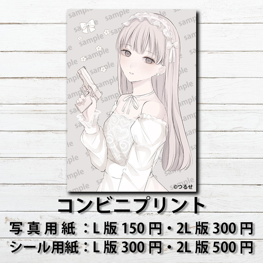 ネップリ　イラスト　エモい　可愛い女の子　病みかわいい　メンヘラ　おしゃれ服　銀髪　ドレス　ピアス　シール　ステッカー　コンビニプリント　ネットプリント　おすすめ　人気　個性的　イラストレーター　クリエイター　絵師　ローソン　ファミマ　グッズ　タイトル：つるせ ブロマイド PART18　作：つるせ